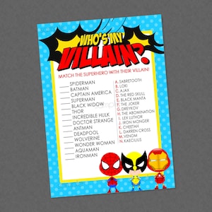 Who&#39;s My Villain Superhero Baby Shower Game - INSTANT DOWNLOAD - Superhero Shower Games, Super Hero, Match the Villain, Villain Game, Baby