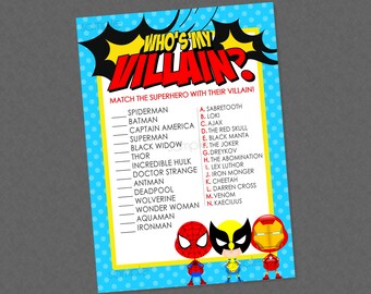 ¿Quién es mi villano superhéroe? Juego de baby shower - DESCARGA INSTANTÁNEA - Juegos de baby shower de superhéroes, superhéroe, Empareja al villano, Juego de villanos, Bebé