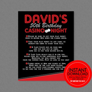 Casino Rules Party Sign  - EDITABLE INSTANT DOWNLOAD - Casino Information Sign, Poker Rules, Poker Party Sign, Adult Birthday, Poker, Casino