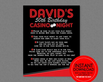 Casino Rules Party Sign  - EDITABLE INSTANT DOWNLOAD - Casino Information Sign, Poker Rules, Poker Party Sign, Adult Birthday, Poker, Casino