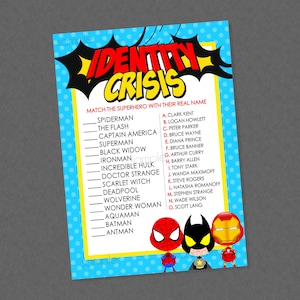 Identity Crisis Superhero Baby Shower Game - INSTANT DOWNLOAD- Superhero Shower Games, Super Hero, Match the Superhero, Real Identity, Name