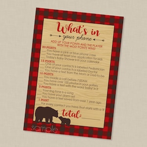 Lumberjack What&#39;s In Your Phone Baby Shower Game - INSTANT DOWNLOAD - Lumberjack Shower Games, Mama Bear, Phone Game, Flannel