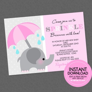 Elephant Sprinkle Baby Shower Invitation - EDITABLE INSTANT DOWNLOAD - Sprinkle Invite, Elephant Baby Shower, Elephant Shower, Pink, Girl