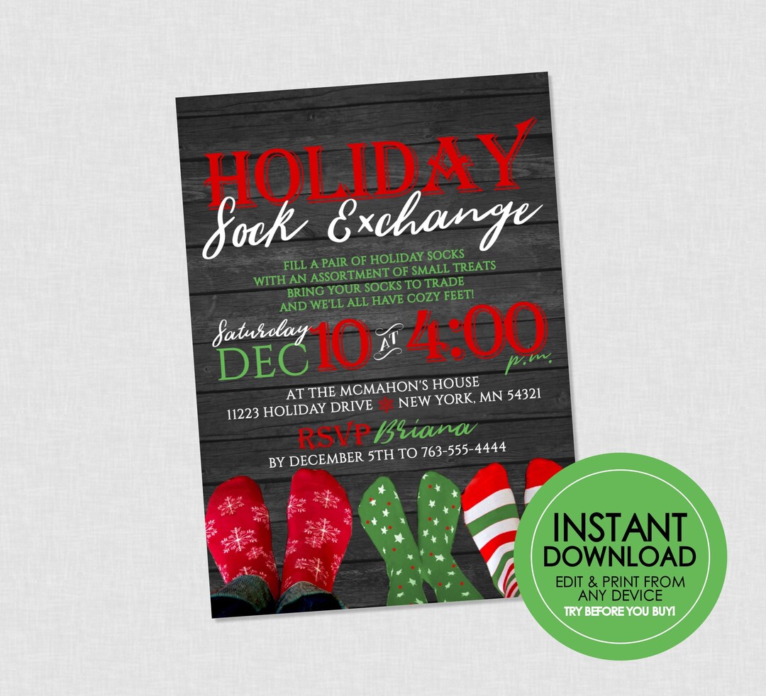Holiday Sock Exchange Invitation EDITABLE INSTANT DOWNLOAD Christmas