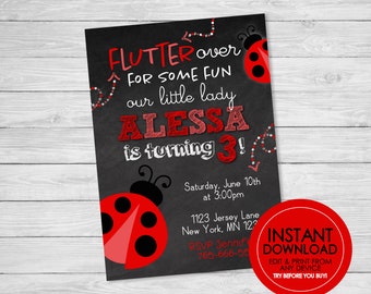Ladybug Birthday Invitation - EDITABLE INSTANT DOWNLOAD - Lady Bug, Ladybug 1st Birthday Invites, Ladybug Birthday Invite, Chalkboard