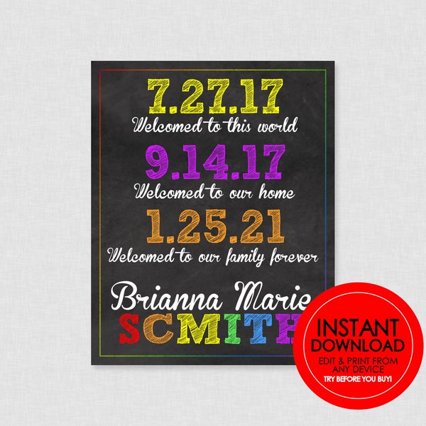 Rainbow Adoption Chalkboard Sign - EDITABLE INSTANT DOWNLOAD - Adoption Chalkboard Poster, Adoption Celebration Photo Prop