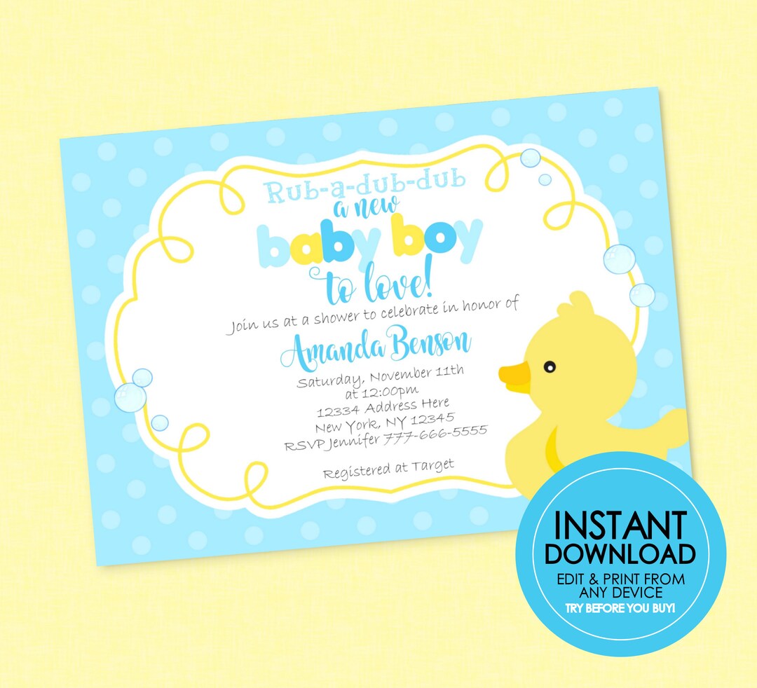 Rubber Duck Baby Shower Invitation INSTANT DOWNLOAD Edit & Print From