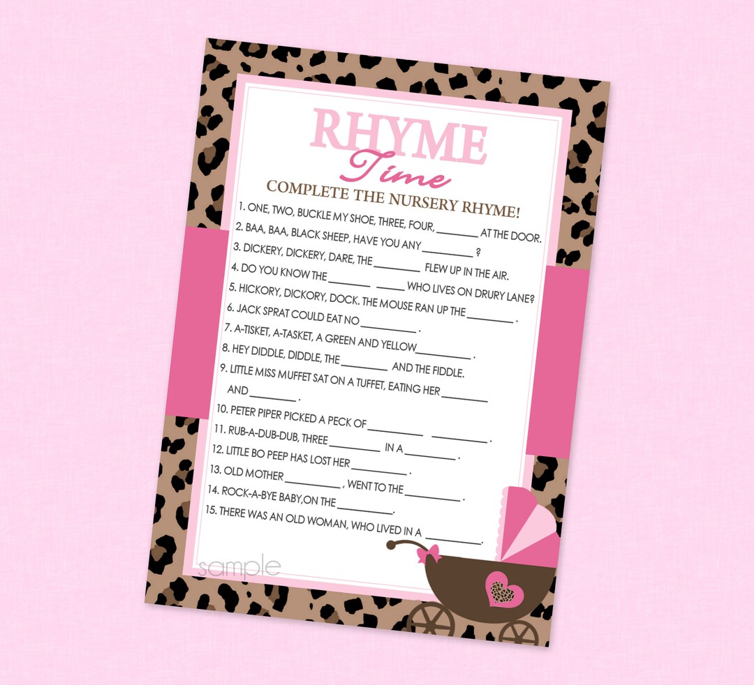 Leopard Nursery Rhyme Shower Game INSTANT DOWNLOAD Girl Baby Shower