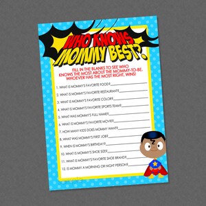 Dark Skin Superhero Who Knows Mommy Best Game - INSTANT DOWNLOAD - Superhero Baby Shower Games, Super Hero, Superheroes