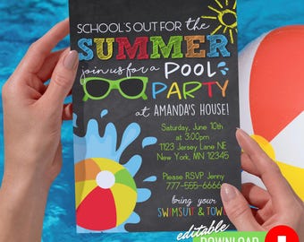 School is Out Summer Pool Party Chalkboard Invitation, Pool Party Invites, End of School Party, End of School Invite, Swim Party