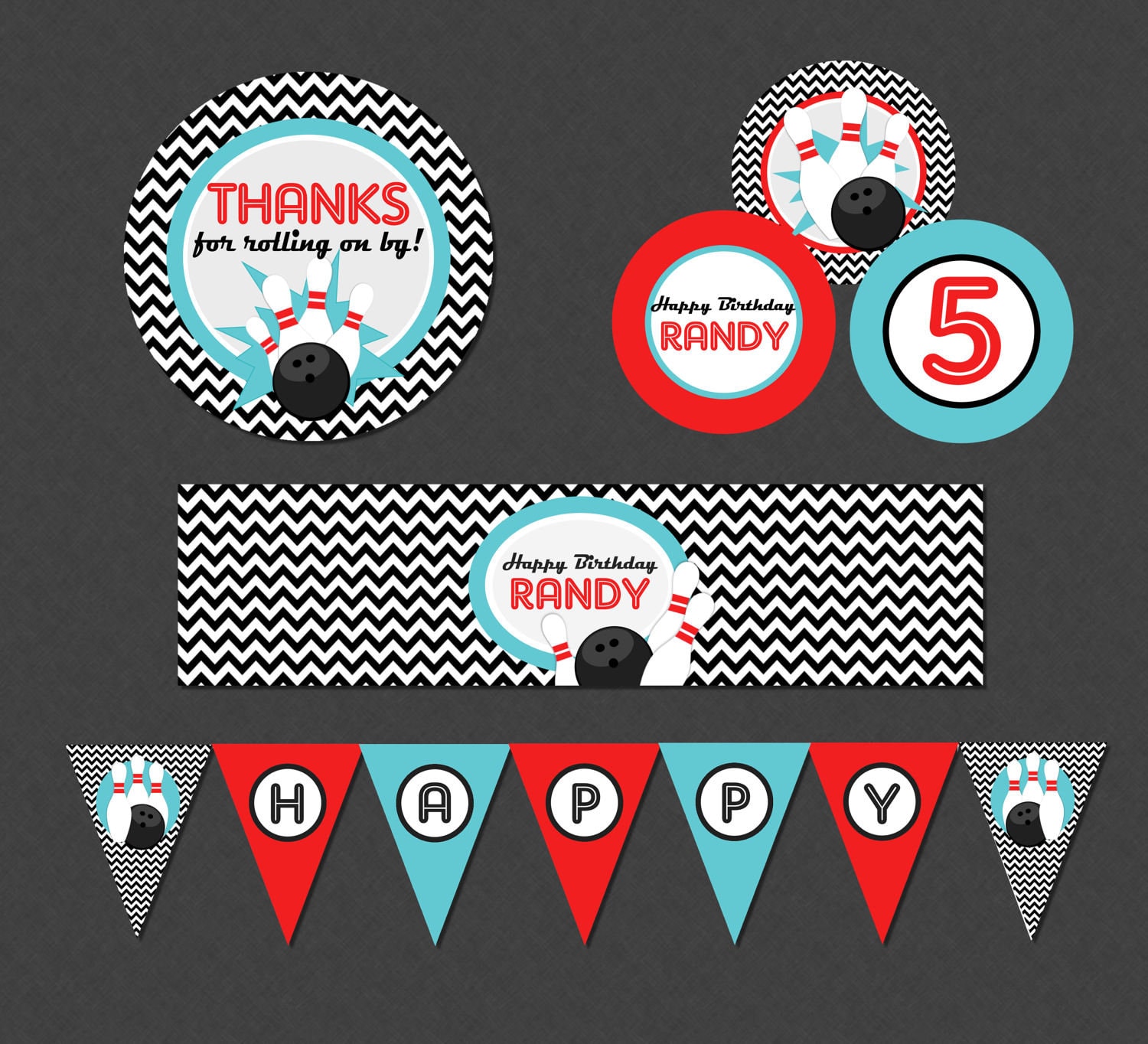 Bowling Birthday Mini Party Pack Retro Bowling Birthday Bowling Party Decorations Banner Water Wrappers Cupcake Toppers Favor
