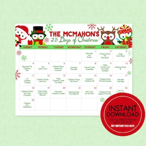 25 Days of Christmas Activity Calendar - EDITABLE INSTANT DOWNLOAD - Christmas Activities, 25 Days of Christmas, Kids Christmas, Advent