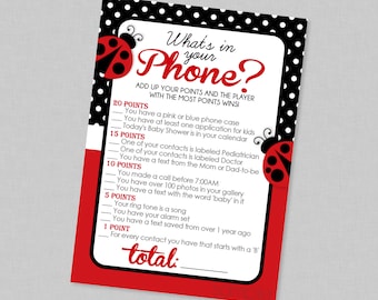 Ladybug What's In Your Phone Baby Shower Game - INSTANT DOWNLOAD - Ladybug Shower Games, Lady Bug Baby Shower, Phone Game, Little Lady