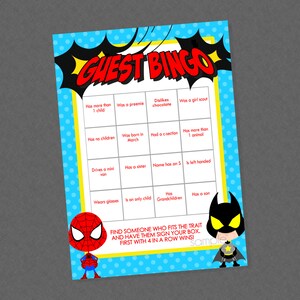 Guest Bingo Superhero Baby Shower Game - INSTANT DOWNLOAD - Superhero Baby Shower Games, Super Hero, Superheroes, Find the Guest, Bingo
