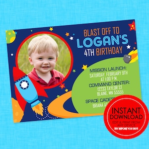 Space Photo Birthday Invitation - EDITABLE INSTANT DOWNLOAD - Outer Space Party Invite, Rocket Birthday Invites, Space Birthday, Picture
