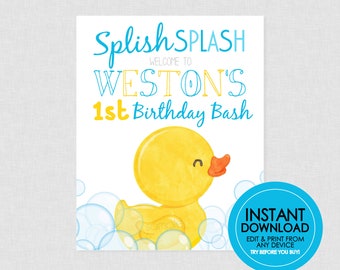 Rubber Duck Birthday Welcome Sign - EDITABLE INSTANT DOWNLOAD - Duck Welcome Sign, Party Sign, Duck Birthday, Rubber Ducky, Duckie, Blue