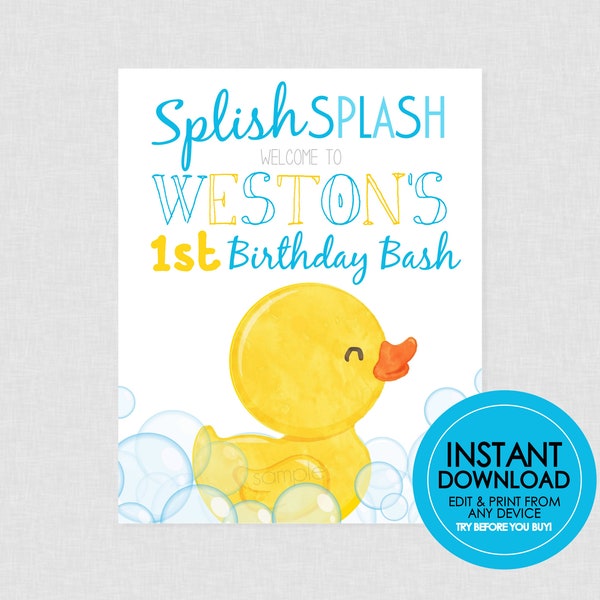 Rubber Duck Birthday Welcome Sign - EDITABLE INSTANT DOWNLOAD - Duck Welcome Sign, Party Sign, Duck Birthday, Rubber Ducky, Duckie, Blue