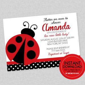 Lady Bug Baby Shower Invitation  - INSTANT DOWNLOAD - Edit & Print From Any Device,  Ladybug Baby Shower Invite, Little Lady, Invites