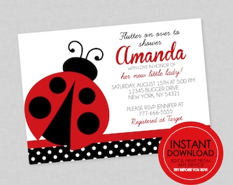 Invitación para baby shower de Lady Bug - DESCARGA INSTANTÁNEA - Edita e imprime desde cualquier dispositivo, Invitación para baby shower de Lady Bug, Invitaciones