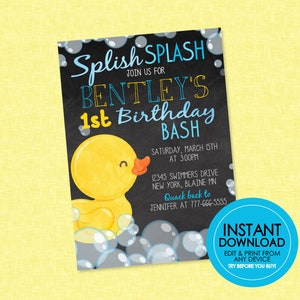 Rubber Duck Birthday Invitation  - EDITABLE INSTANT DOWNLOAD - Duck First Birthday, Any Age, Duckie, Rubber Ducky 1st Birthday, Chalkboard