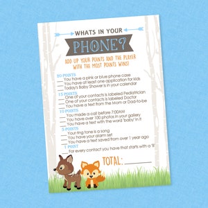 Blue Woodland What&#39;s in Your Phone Baby Shower Game - INSTANT DOWNLOAD - Woodland Shower Games, Fox, Deer, Phone Game, Forest Animals