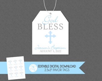 God Bless Favor Tag - EDITABLE INSTANT DOWNLOAD - Baptism, First Communion, Confirmation, Christening, Personalized Favor Tags, Blue, Boy