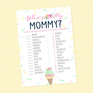 Ice Cream Baby Animal Match Shower Game - INSTANT DOWNLOAD - Ice Cream Baby Shower Games, Who&#39;s My Mommy, Sprinkle, Guess