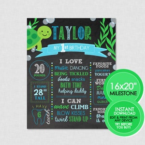 May include: A chalkboard style printable milestone poster for a 1st birthday. The poster features a green turtle with a blue ribbon and the name "Taylor". The poster includes milestones such as weight, height, favorite foods, and things the child can do. The poster is 16x20 inches and is available for instant download.