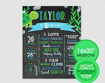 Turtle Birthday Milestone Chalkboard - EDITABLE INSTANT DOWNLOAD - Under The Sea, Birthday Chalkboard Sign, Turtle Birthday, Poster