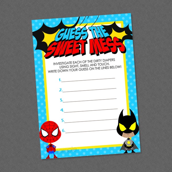 Dark Skin Superhero Guess The Sweet Mess Game - INSTANT DOWNLOAD - Superhero Baby Shower Games, Super Hero, Candy Bar Smell, Superhero Games