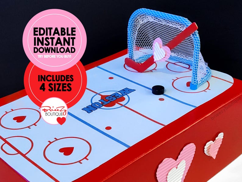 Utskrivbar Alla hjärtans dag-hockeyrink för låda - REDIGERINGSBAR DIREKT NEDLADDNING - Hockey Alla hjärtans dag, Alla hjärtans dag-lådadekorationer, Hockeyrink-lådans topping bild 1