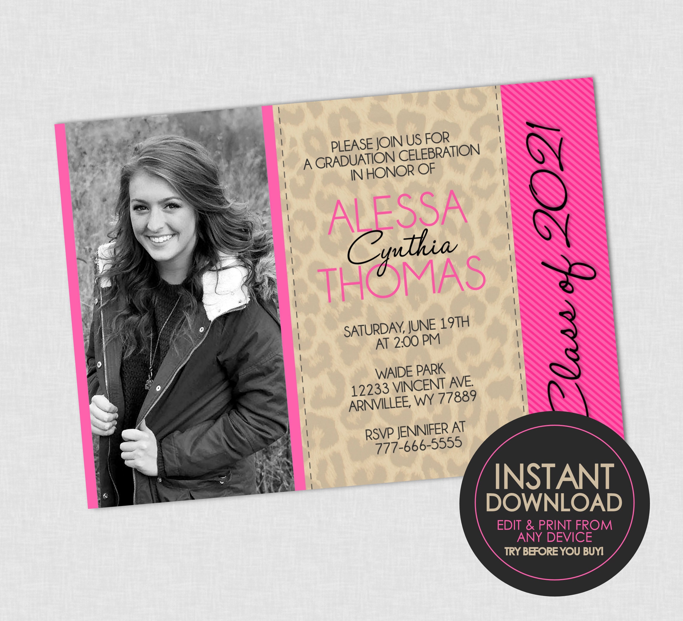 Leopard Graduation Invitations Leopard & Pink Graduation Photo Invitations - EDITABLE INSTANT DOWNLOAD ...