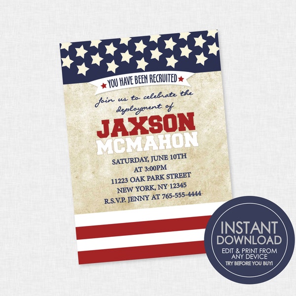 Flag Deployment Invitation - EDITABLE INSTANT DOWNLOAD - Going Away Party Invites, Basic Training, Graduation, Military Deployment, Army