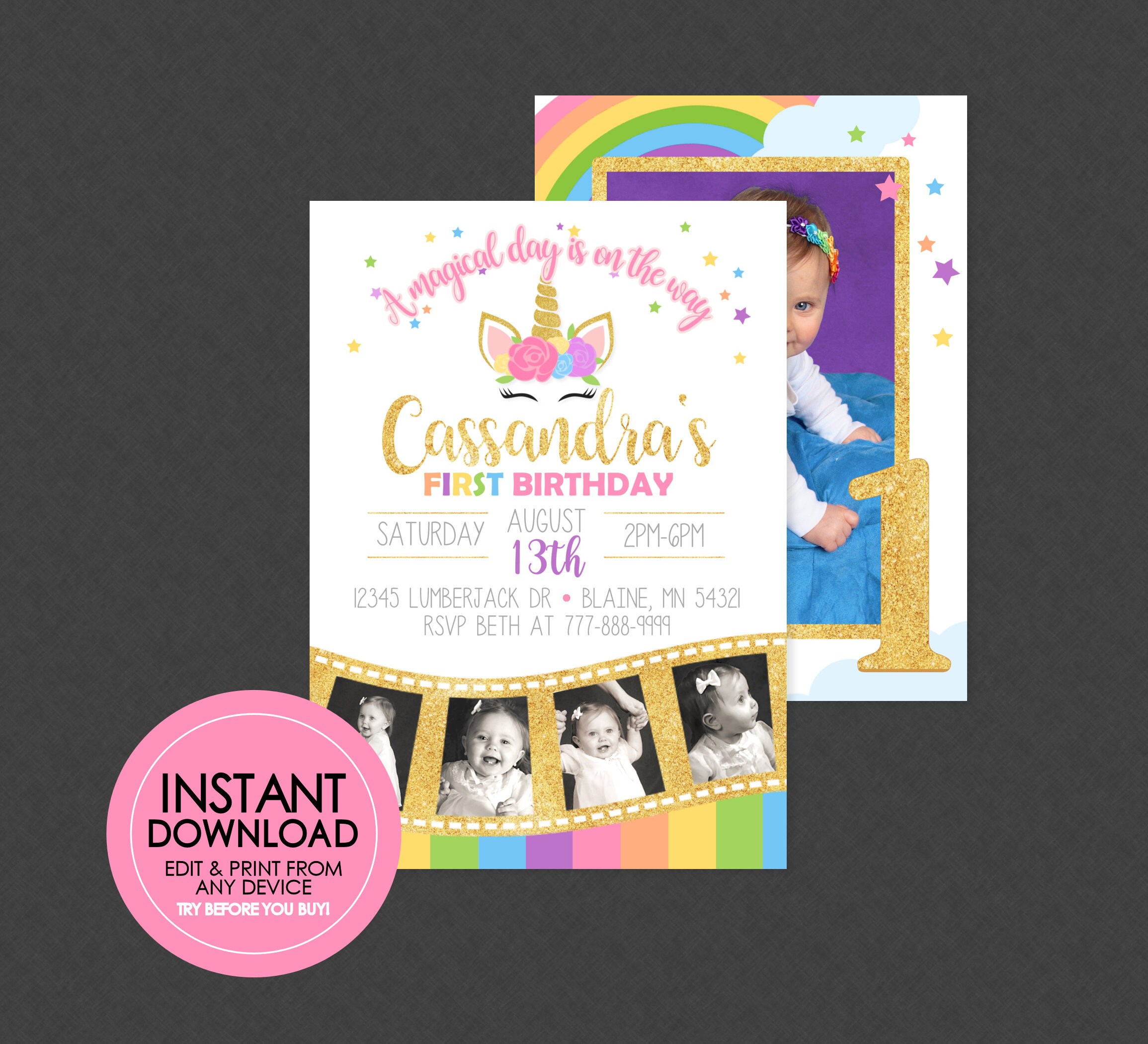 Rainbow Unicorn Photo Birthday Invitation - EDITABLE INSTANT DOWNLOAD ...