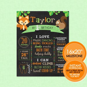 Woodland Birthday Milestone Chalkboard - EDITABLE INSTANT DOWNLOAD - Forest Animals, Birthday Chalkboard, Woodland Birthday, Poster, Fox