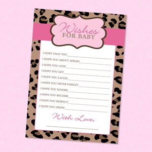 Leopard Baby Shower Wishes For Baby Printable Cards - INSTANT DOWNLOAD - Leopard Advice Cards, Girl Wishes For Baby, Leopard and Pink