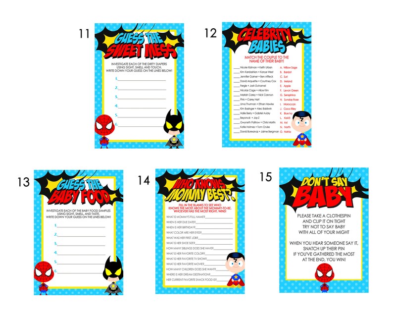 Superhero Baby Shower Games PICK ANY 5 up to 15 Games to - Etsy