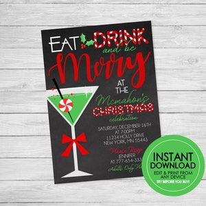 Eat Drink & Be Merry Holiday Party Invitation - EDITABLE INSTANT DOWNLOAD - Cocktail, Office Party, Dinner Party, Adult Christmas Party