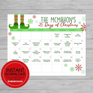 25 Days of Christmas Activity Calendar - EDITABLE INSTANT DOWNLOAD - Christmas Activities, 25 Days of Christmas, Kids Christmas, Advent