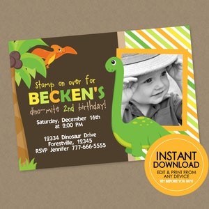 Dinosaur Photo Birthday Invitation - EDITABLE INSTANT DOWNLOAD - Dinosaur Birthday Invite, Dinosaur Birthday Party, Dinosaur Picture Invite
