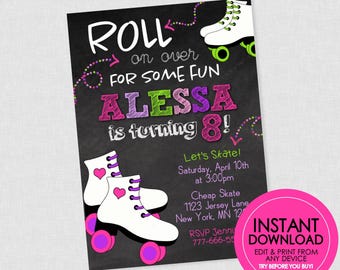 Mädchen Rollschuh-Geburtstagseinladung - EDITIERBARE SOFORT-DOWNLOAD - Rollschuh, Skating Geburtstag einladen, Rollschuh-Party, Mädchen