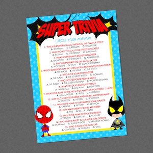 Superhero Trivia Party Game - INSTANT DOWNLOAD - Superhero Baby Shower Games, Super Hero, Trivia, Knowledge, Multiple Choice, Guess