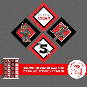 Ninja Birthday Cupcake Toppers - EDITIERBARE INSTANT DOWNLOAD - Ninja Birthday, Ninja Dekorationen, Ninja Party, Cupcake Toppers, Ninja Cupcake
