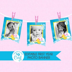 Girl Rubber Duck 1st Birthday Monthly Photo Banner - EDITABLE INSTANT DOWNLOAD - Milestone First Year Photo Banner, Ducky, Picture Banner