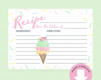 Ice Cream Recipe Cards (Digital Download) - Recipe Card Insert, Scooped Up Bridal Shower, Ice Cream Baby Shower