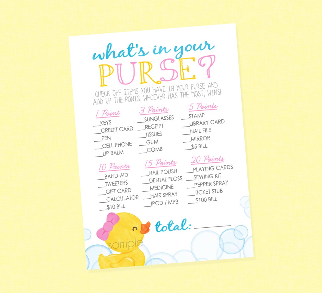Girl Duck What's in Your Purse Shower Game - INSTANT DOWNLOAD - Duck ...