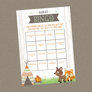 Woodland Guest Bingo Baby Shower Game - INSTANT DOWNLOAD - Woodland Baby Shower Games, Find the Guest, Camper, Fox, Forest Animal, Bingo