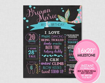 Pizarra con hitos de cumpleaños de sirena - DESCARGA INSTANTÁNEA EDITABLE - Letrero de cumpleaños de sirena, cumpleaños de cola de sirena, póster de pizarra de cumpleaños
