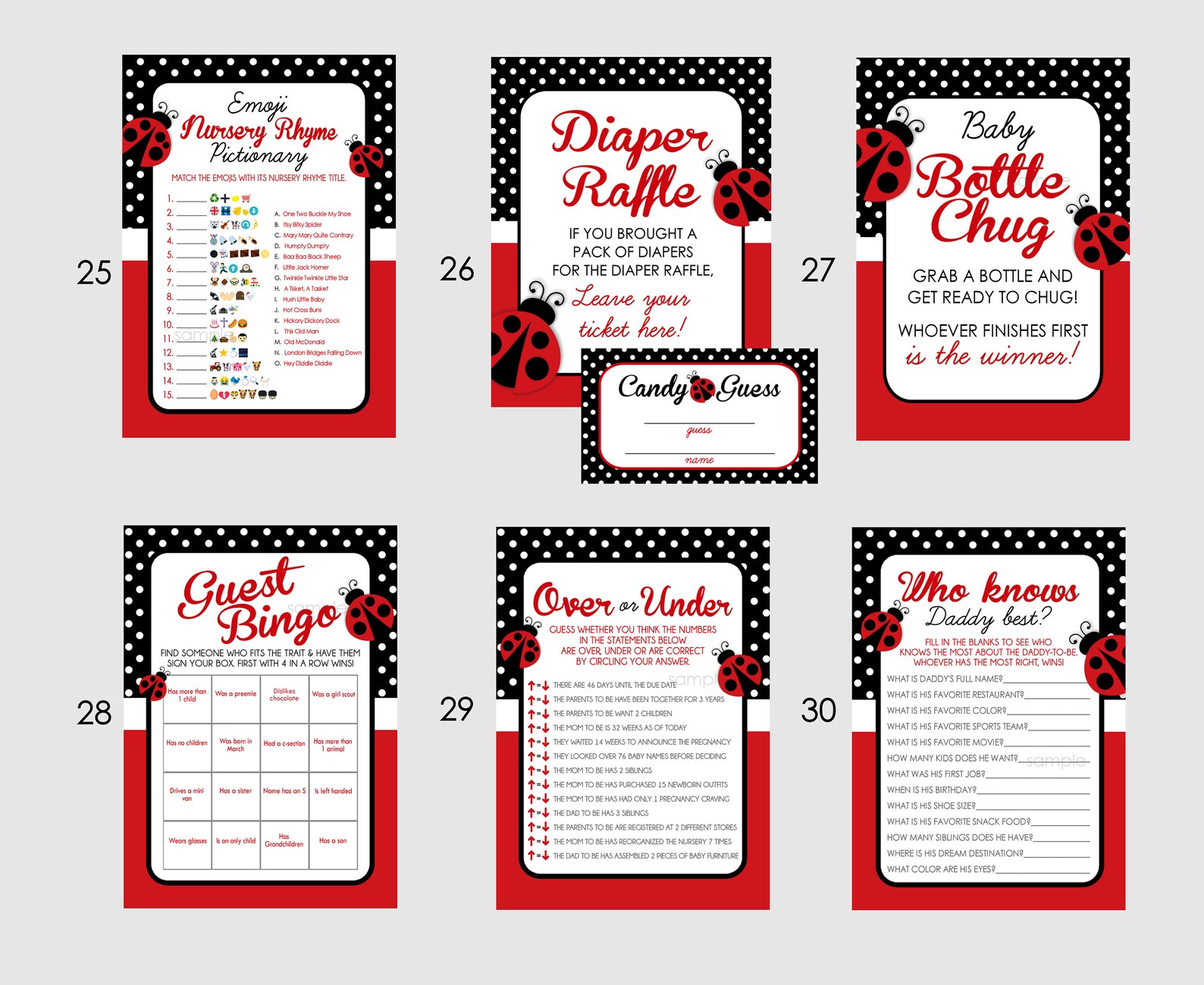Ladybug Baby Shower Games PICK ANY 5 30 Games to Choose From Lady Bug ...