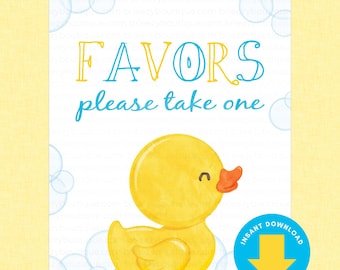 May include: A white sign featuring a yellow rubber duck illustration, blue bubble graphics, and the text "FAVORS please take one" in blue and yellow. A circular blue badge in the bottom right corner contains a yellow arrow and the text "INSTANT DOWNLOAD".